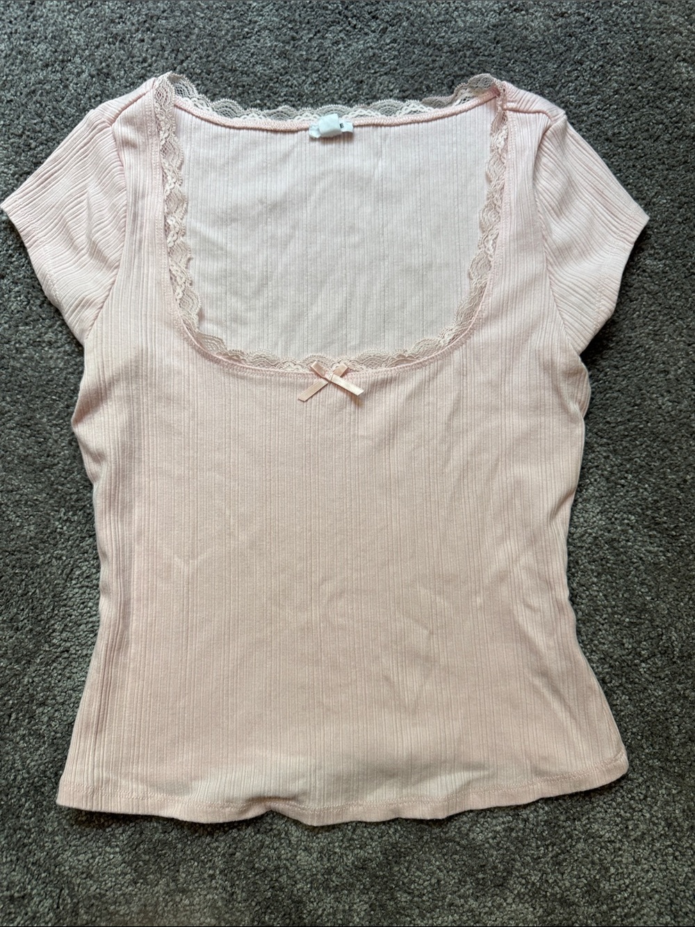 Garage Pink Ribbed Scoop Neck Tee with Lace Trim Sz M